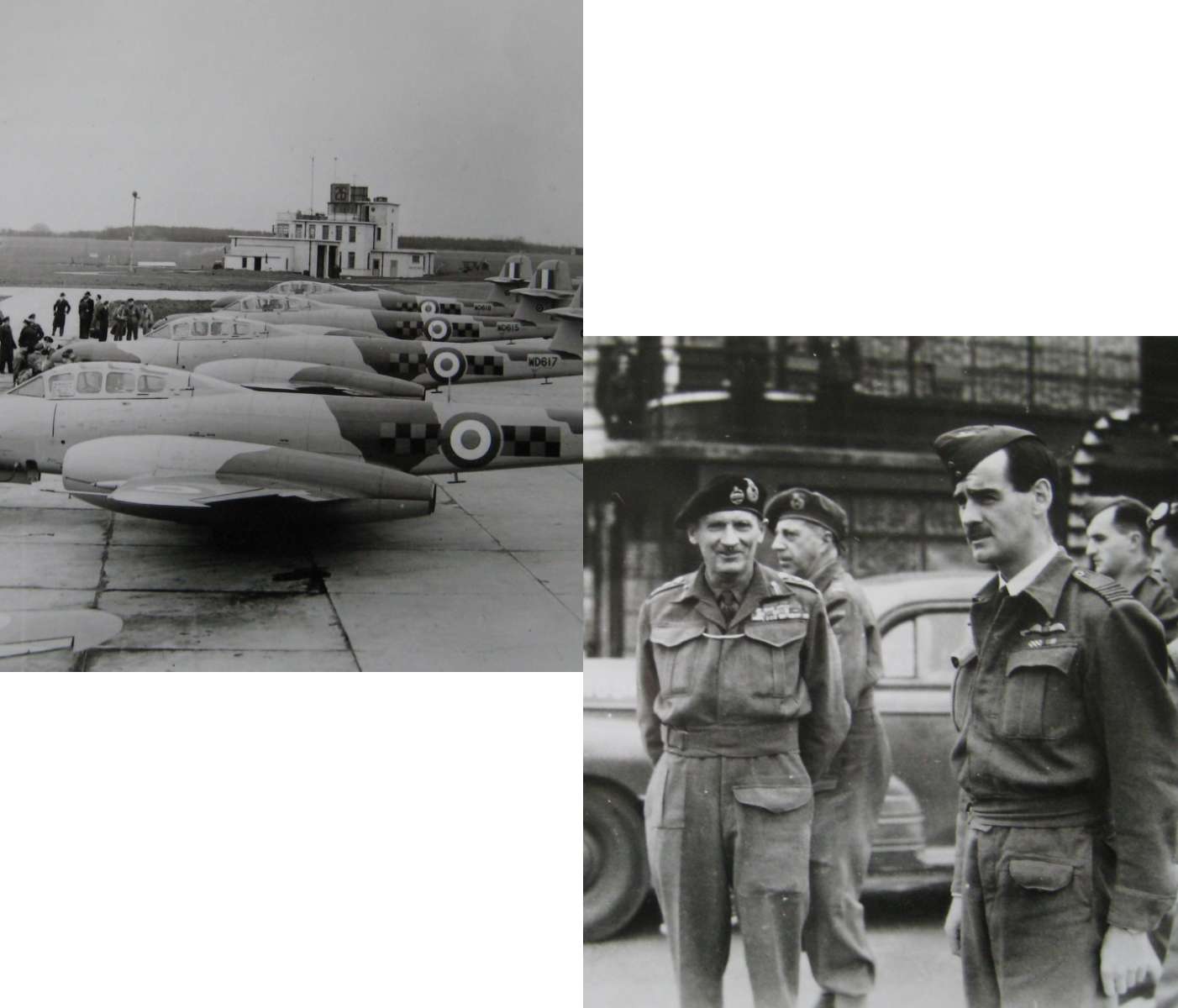 collage of two black and white photos. each photo is from when the site was still West Malling airbase. one photo shows planes lined up next to one another on the runway. the other shows a group of soldiers.